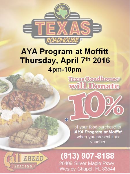 MoffittNews's tweet photo. Grab dinner 4/7 at @texasroadhouse Wesley Chapel, and 10% of your bill supports our #AYA Program! #ThisIsAYACancer https://t.co/8gWOfjf6ql