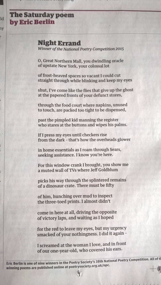 PoetrySociety's tweet photo. 'Night Errand' by Eric Berlin, #nationalpoetrycompetition winner, is @guardianreview's Saturday Poem today! https://t.co/PmEd3p7LFi