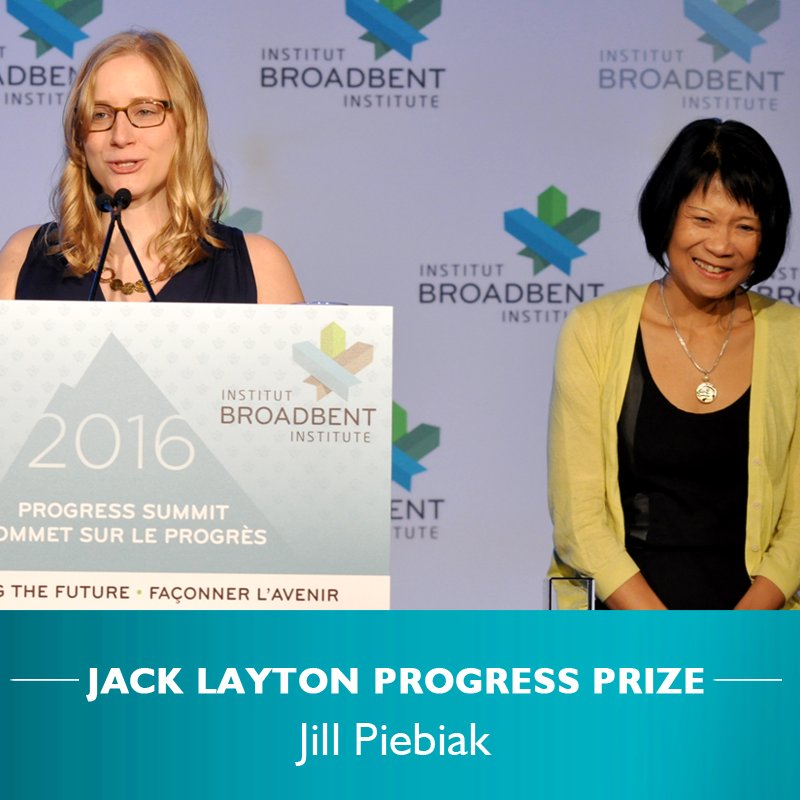 broadbent's tweet photo. Congratulations to Jill Piebiak  (@jill_pie), Jack Layton Progress Prize winner! Félicitations ! #prgrs16 https://t.co/MuFhnqBWg5