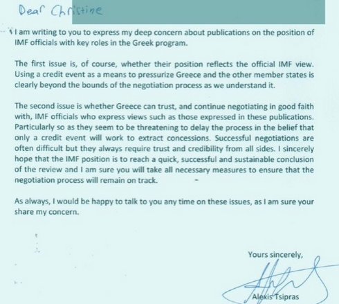 Undercoverinfo1's tweet photo. Letter (in English) by Greek PM Tsipras to IMF Lagarde re transcript via @Wikileaks https://t.co/c905K60Cy1