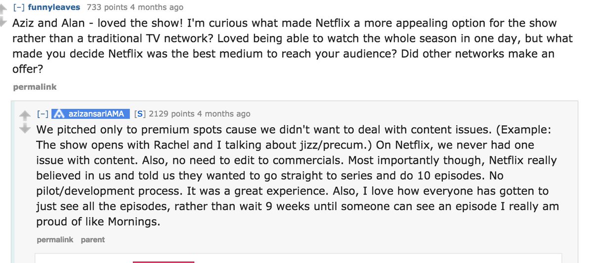 BoobTubeAly's tweet image. Preliminary research-@azizansari answers &quot;why Netflix?&quot; on @reddit #convergence #knowledgecommunities @henryjenkins