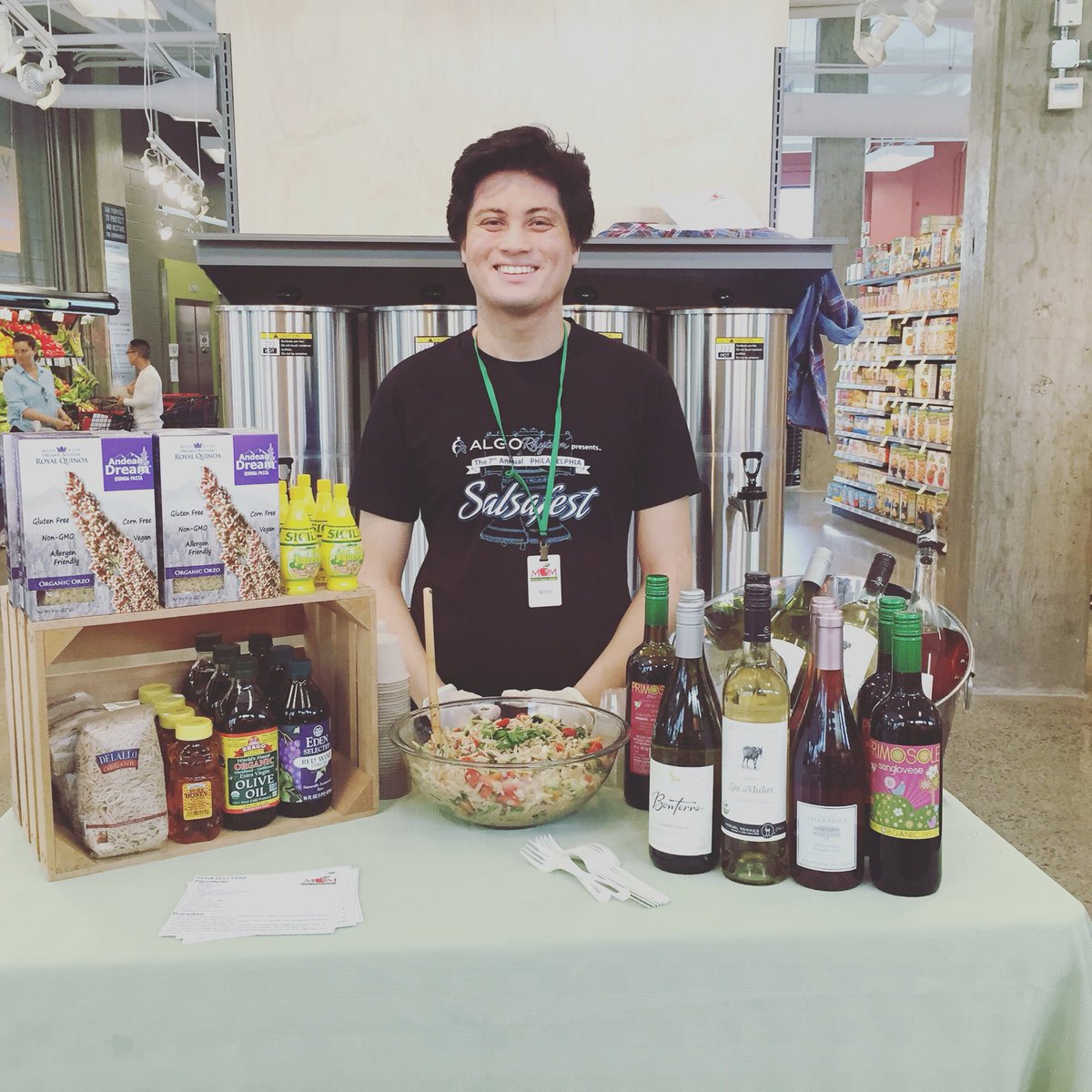 Delicious Greek Orzo Salad and tasty wines today <a href="/MOMsOrganicMrkt/">MOM's Organic Market</a> in Arlington! Stop by and say hi to Matt!