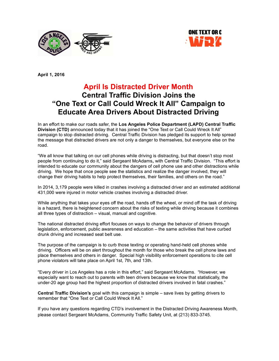 "One Text or Call can Wreck it All"
April is Distracted Driver Month