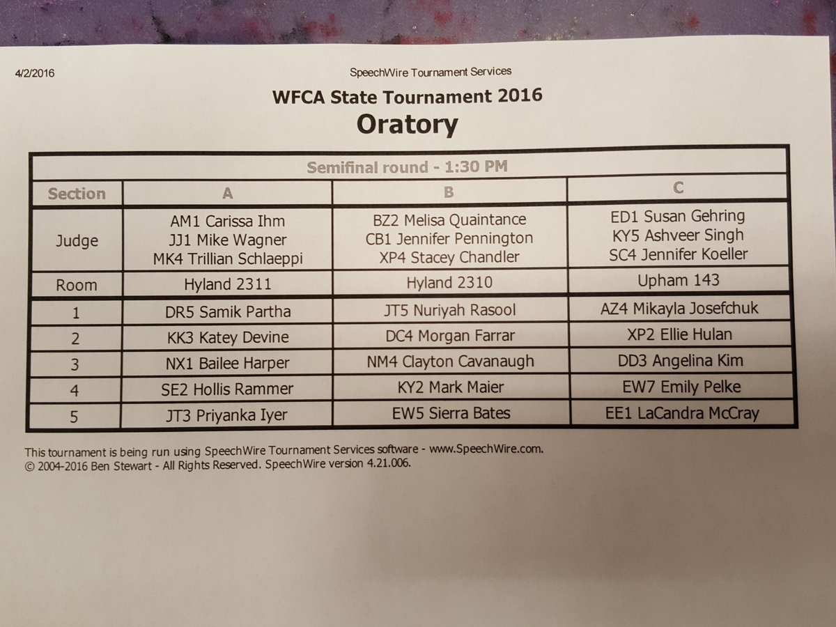 WFCAforensics's tweet image. Semifinals for ORATORY #WFCAState2016 Congratulations!