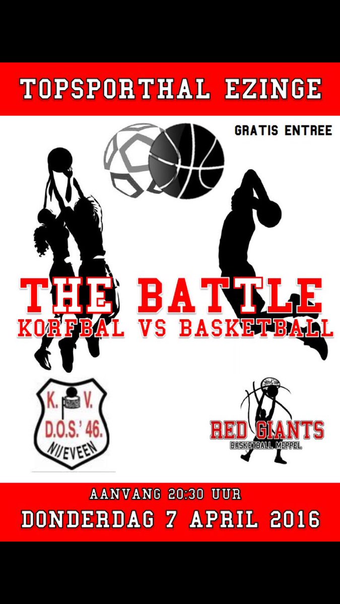 Leo_Westenbrink's tweet photo. Donderdag 7 april in Topsporthal @OP_Ezinge -The Battle- @DOS46 ⚽️(korfbal) <> @RGiants 🏀(basketbal) #gratisentree https://t.co/J4zzIroraQ
