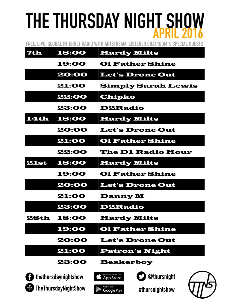 thursnight's tweet photo. April schedule, with #HardyMilts, #OlFatherShine, #LetsDroneOut, #PatronsNight & #Beakerboy on 28th. #liveradio https://t.co/exeeDB69Pl