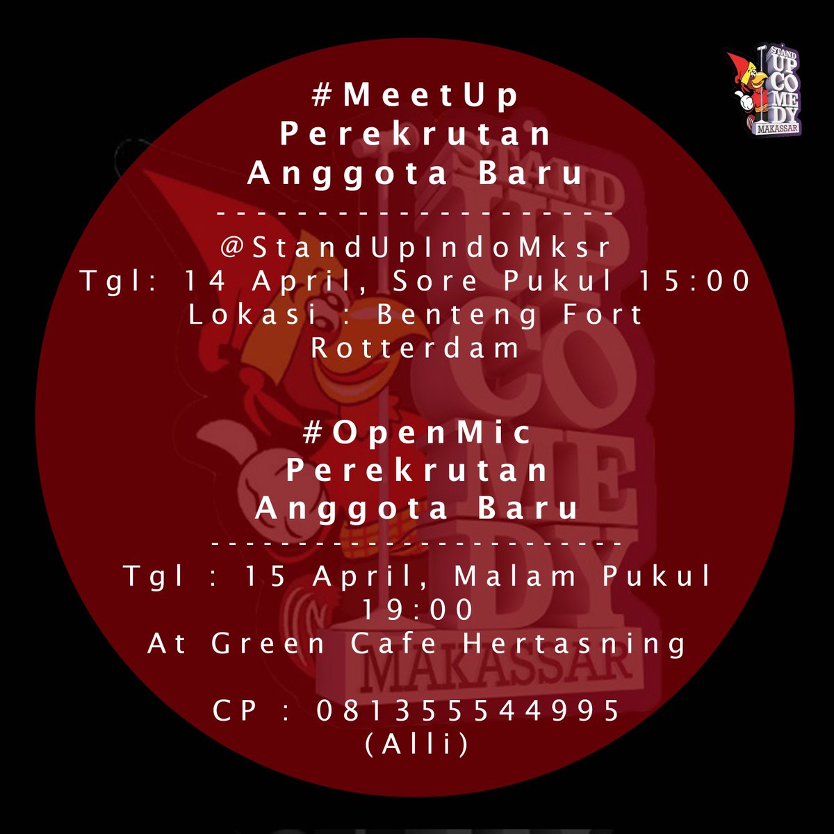 Jangan lupa ada perekrutan anggota baru <a href="/StandUpIndoMKSR/">StandUpIndoMKSR</a> 14 april 2016. mariki' :)