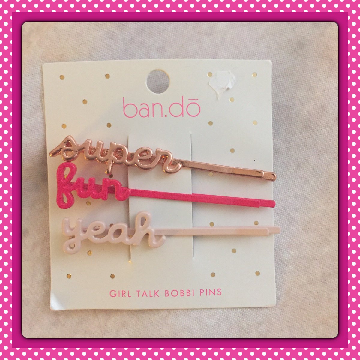 CourtneyAnnBol1's tweet photo. Love my @shopbando girl talk bobbi pins mom got me!  So fun &amp; cute!!!  #shopbando #girltalkbobbipins #frameurlife https://t.co/qWabpmtzLi