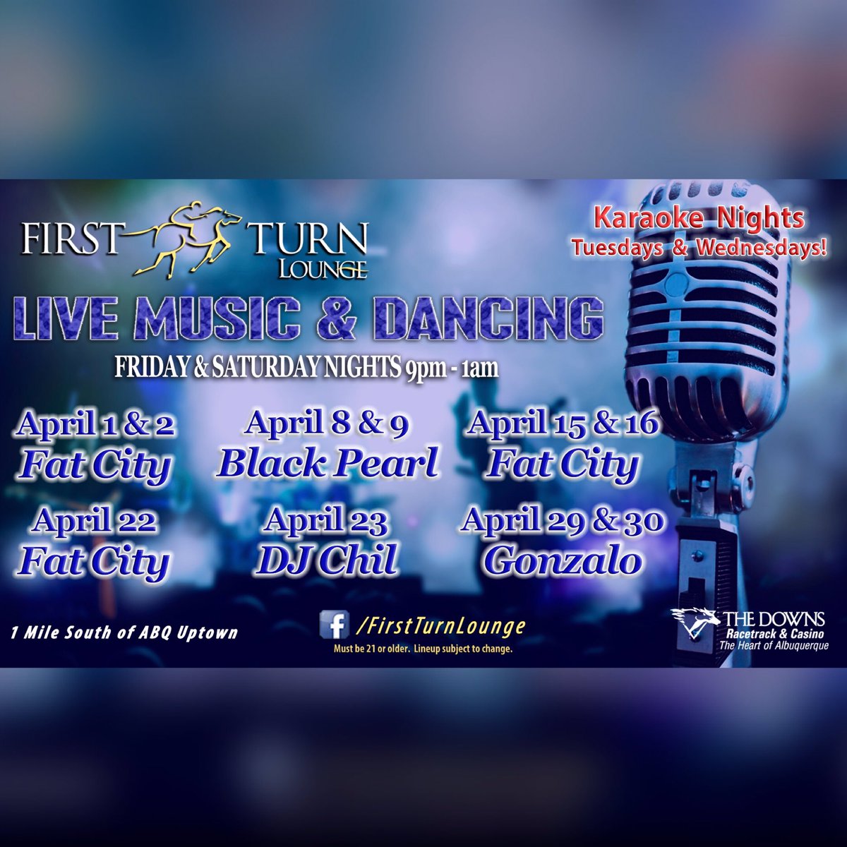 abqdowns's tweet photo. Check out the entertainment lineup for the month at #FirstTurnLounge located inside #ABQDowns #Casino #Albuquerque https://t.co/CDND9NQ5zx