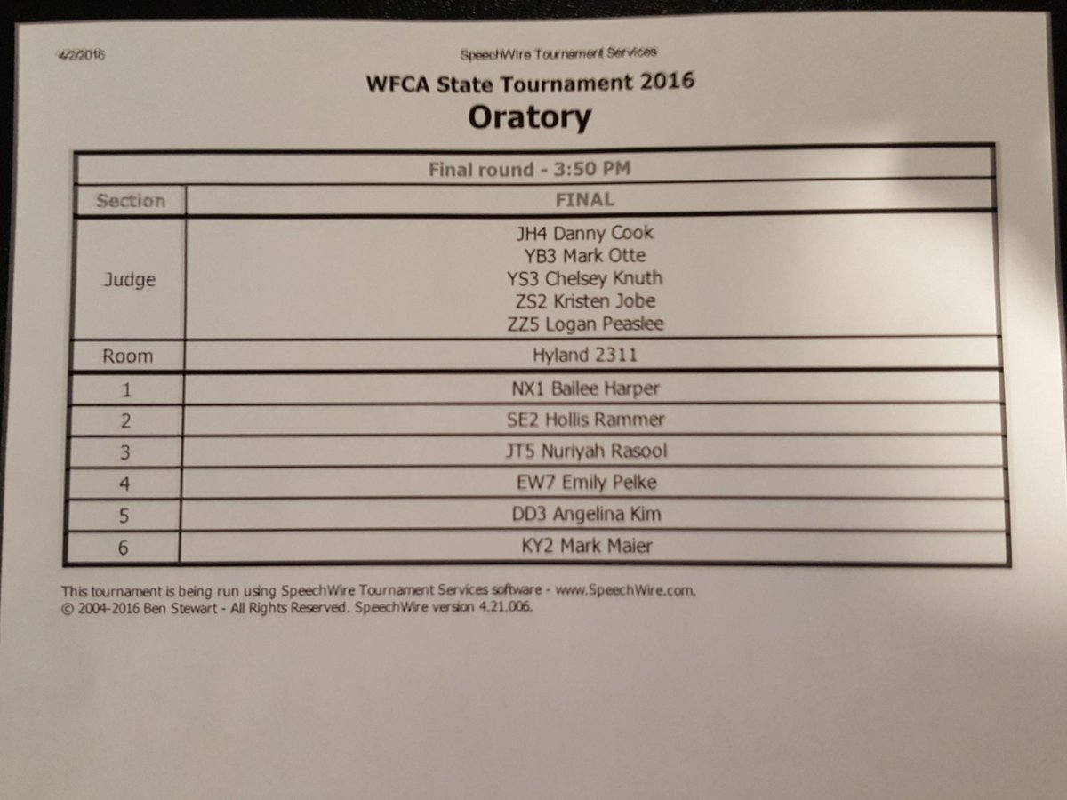 WFCAforensics's tweet image. Finals for ORATORY #WFCAState2016 Congratulations!