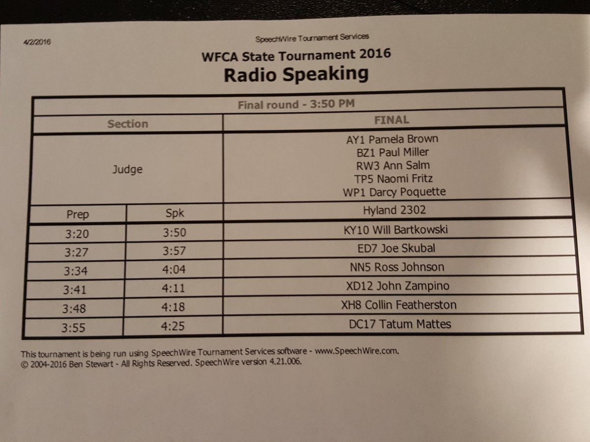 WFCAforensics's tweet photo. Finals for RADIO #WFCAState2016 Congratulations! https://t.co/vf0uJSGRbU