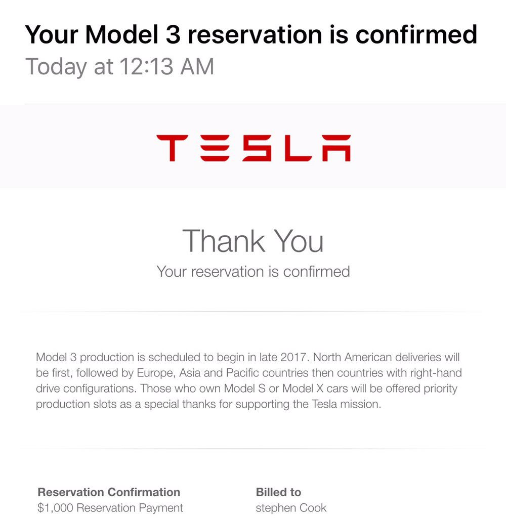 stevecook's tweet photo. Watched the release of the model three and was sold. Might need the model s first though @TeslaMotors @elonmusk https://t.co/zW13lwZPzw