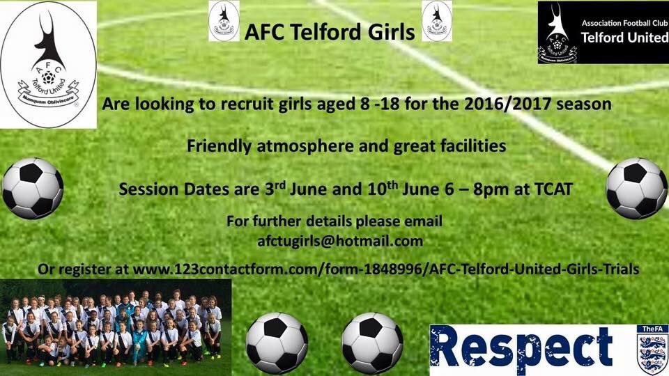 AFCTU_Youth_Dev's tweet photo. AFC Telford United Girls Trials Friday 3rd &amp; Friday 10th June 6pm-8pm at @telfordcoll. Please RT All !! https://t.co/NqXTQHOcyY