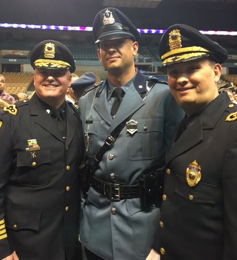 TewksburyPD's tweet photo. Congrats to former TPD dispatcher Trooper Jason Gage & Tewksbury native Trooper Thomas Mace! @MassStatePolice #82RTT https://t.co/0pho5CCTDg