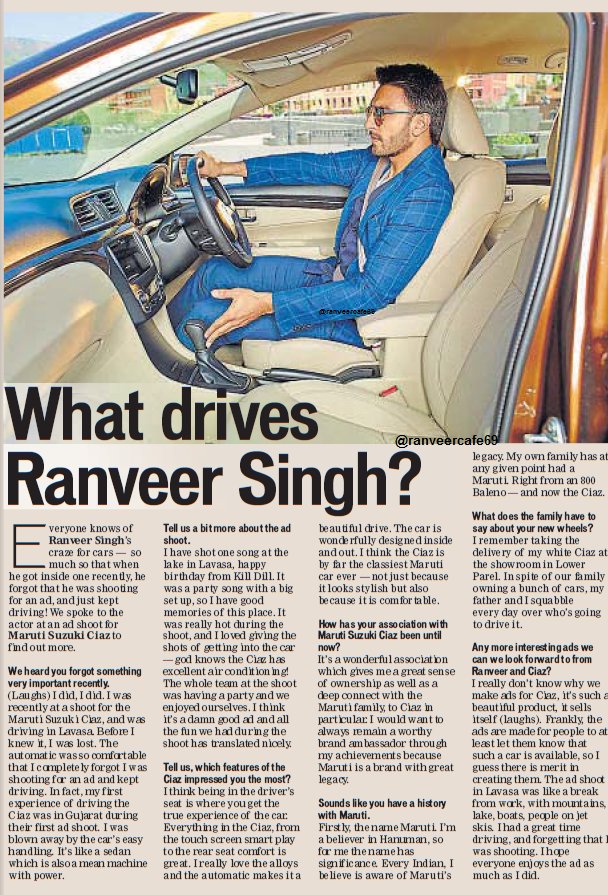 Ranveer's 🏏 Cafe ☕️ on Twitter: "[Print] What drives Ranveer Singh? (Ranveer's new interview about #MarutiSuzukiCiaz) - HT City https://t.co/Rqn5Q2zUhk" / Twitter