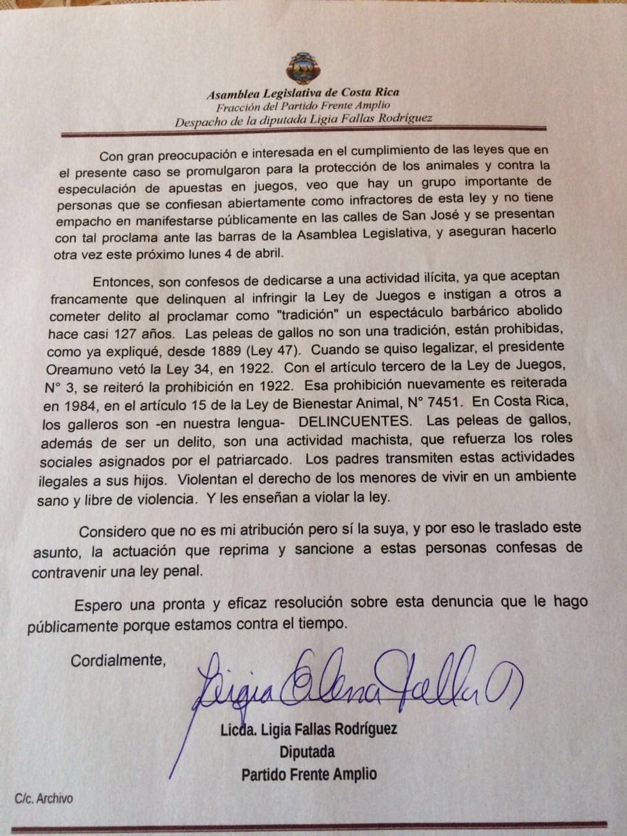 LigiaFallas's tweet photo. Carta enviada al Ministro de Seguridad @gustavomatacr sobre la problemática con las galleras en Costa Rica #18298YA! https://t.co/rY6D85XaCI