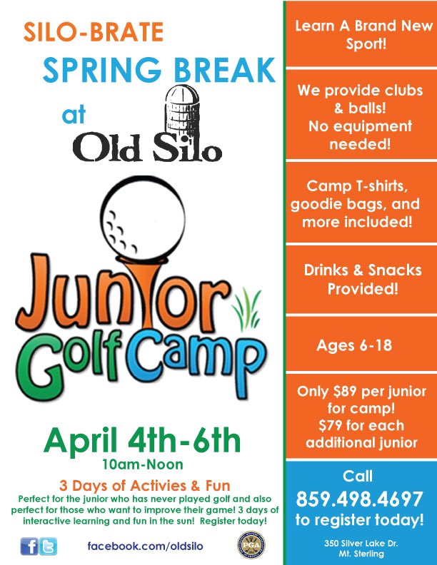 moreheadky's tweet photo. Spring Break JR Golf Camp at Old Silo April 4-6! All equipment provided! Ages 6-18! Call 859.498.4697 to register! https://t.co/AODp1ZyYsi