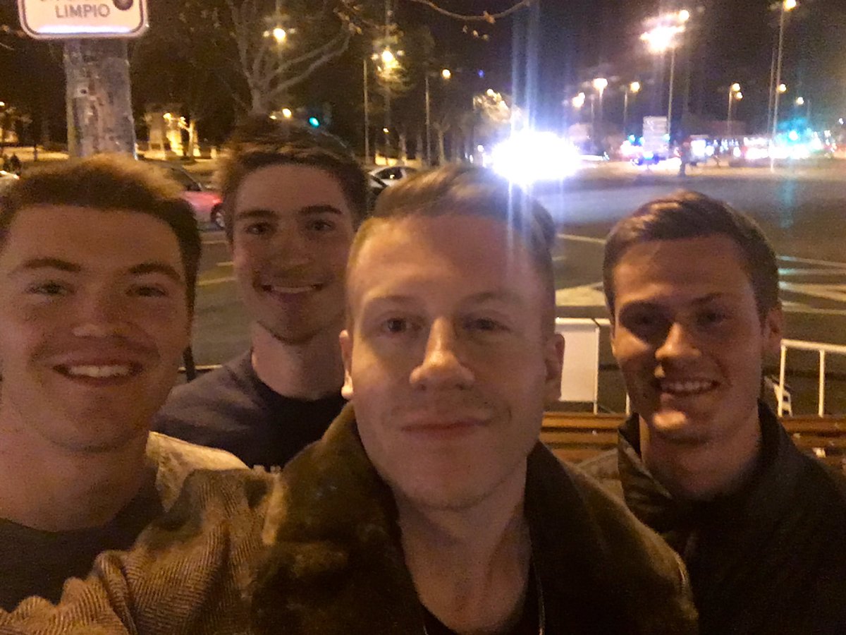 brad_tater's tweet photo. Somehow halfway around the world, we bump into Macklemore at 1am on the streets of Madrid and he takes a selfie w/us https://t.co/4rSKC51v8T