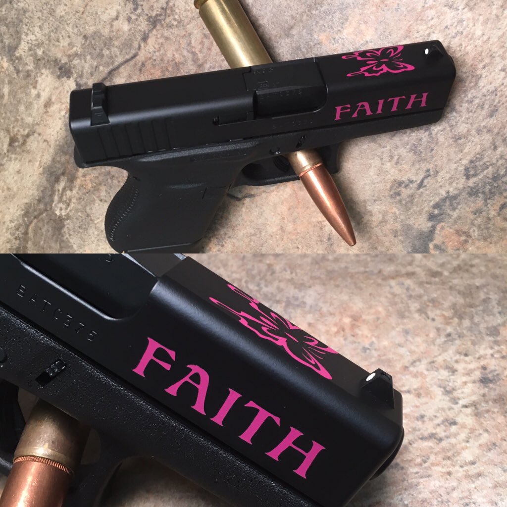 ZephyrDefense's tweet photo. Glock 43 Cerakoted in Graphite Black and graphics in Sig Pink. https://t.co/PMCsvCkHqH