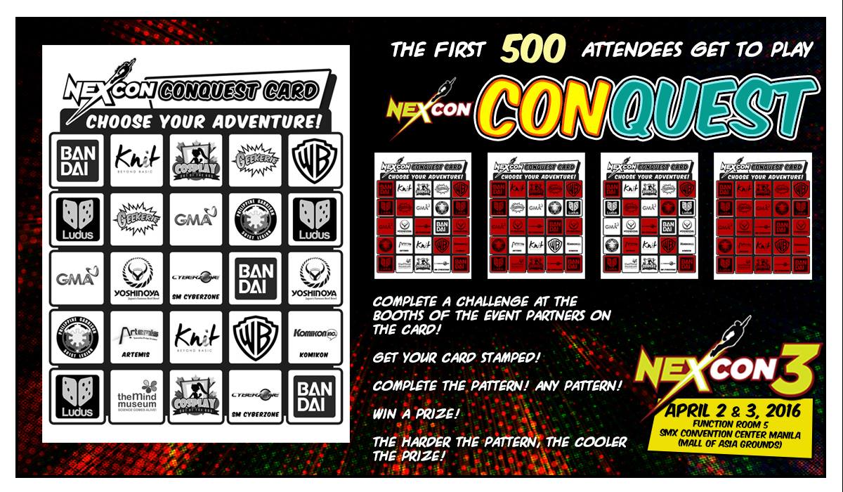 nexconph's tweet photo. Get a chance to win some sweet swag by joining the #NexCon3 Con Quest happening all-day! https://t.co/WReK6bVtAL