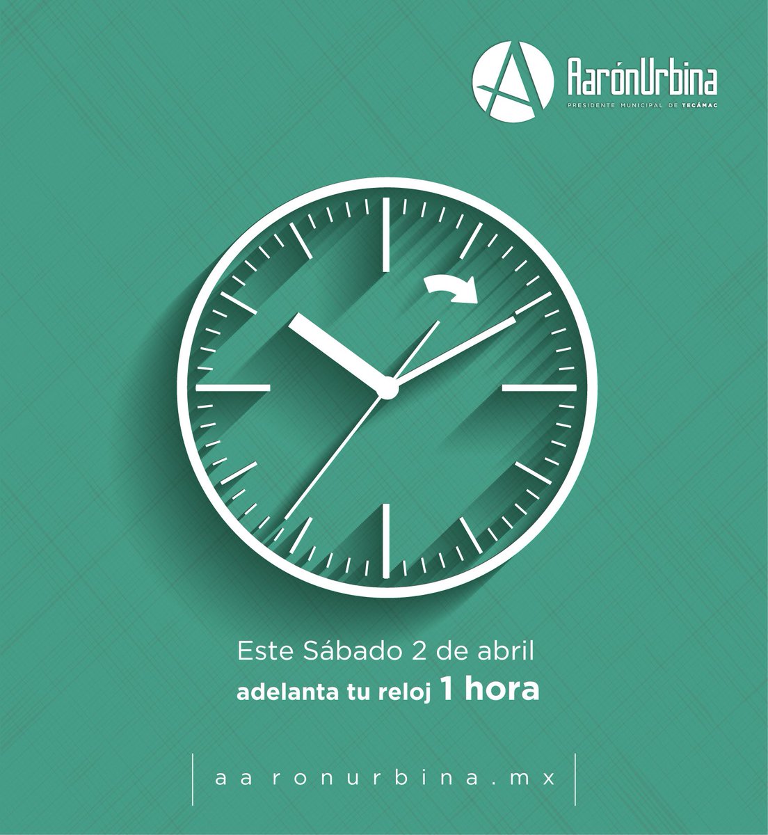 AaronUrbina_Mx's tweet photo. Paisanos, no olviden adelantar su reloj una hora. Démosle la bienvenida al #HorarioDeVerano. 

#CercaDeTi #Tecámac https://t.co/JDlcCfmMqA