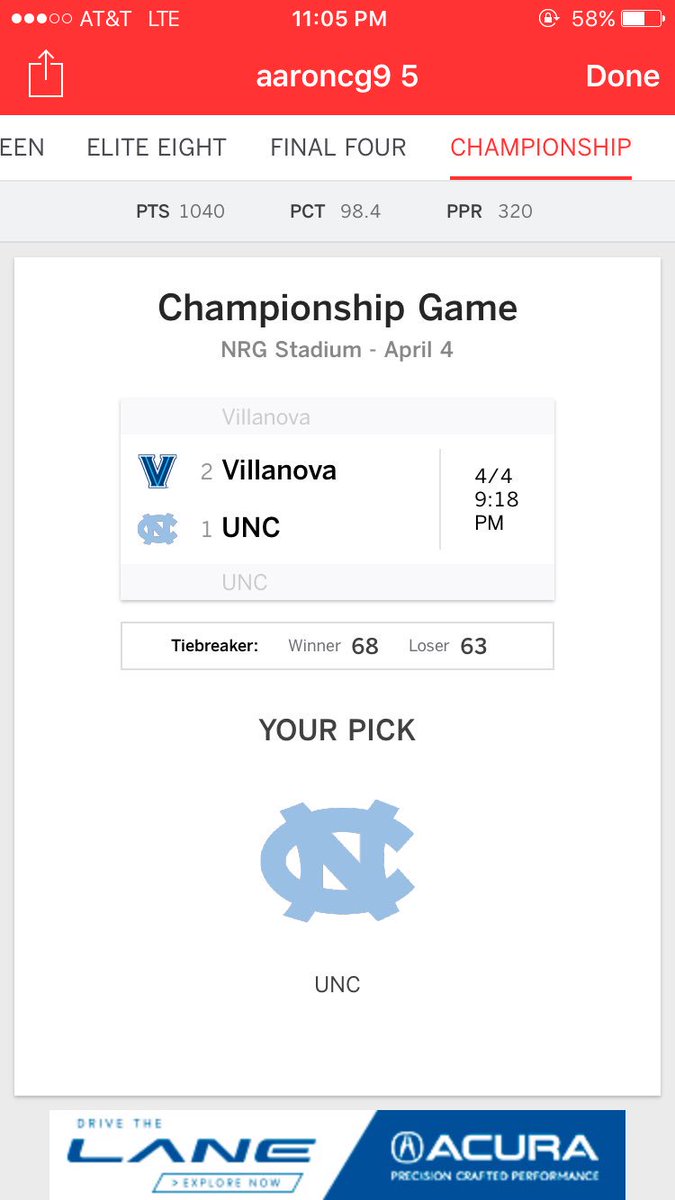 USA_Nizz's tweet photo. 1.3% of all brackets had UNC Vs Nova for the championship game. #BracketGuru https://t.co/GgjlFFlGWC