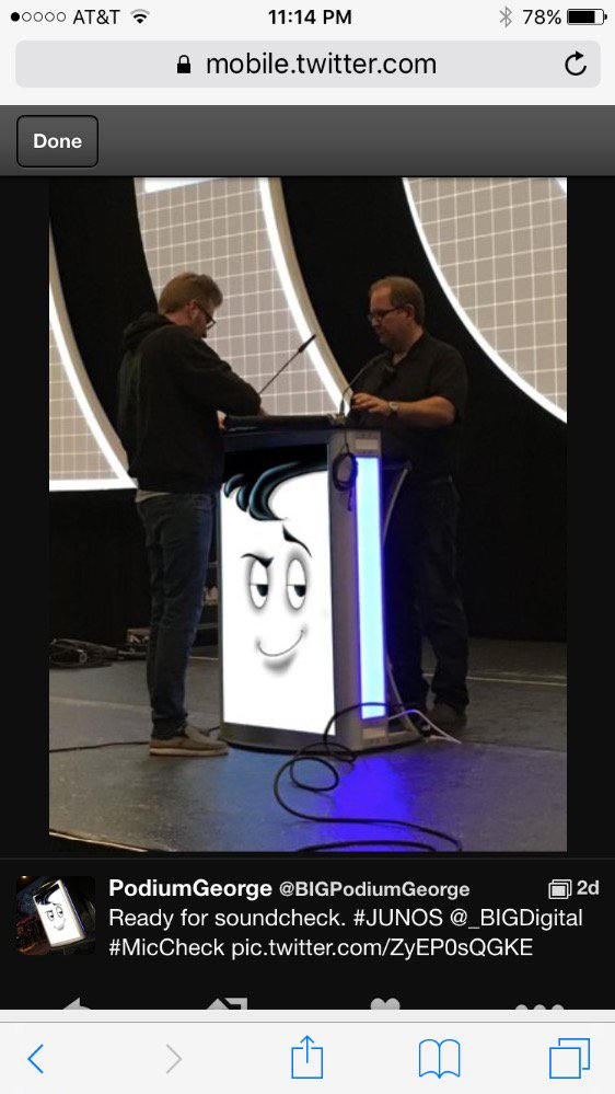 eringirgis's tweet photo. Congrats #Junos2016 Gala award winners and a special shout out to the hotest looking podium Ever @BIGPodiumGeorge https://t.co/VYgjlpiqVS