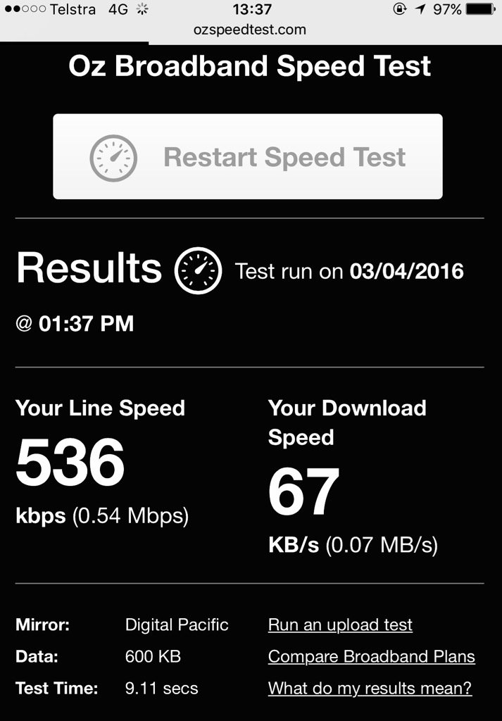 wilso71's tweet photo. Ripping through the #freedataday @Telstra with your lightning 4G mobile network. #sarcasm https://t.co/fj0cqbVdtJ