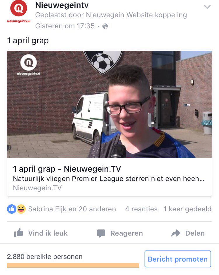 De 1 april grap heeft nu al bijna 3000 mensen bereikt. Eerdere video's zelfs 6000 op Nieuwegeintv.nl !