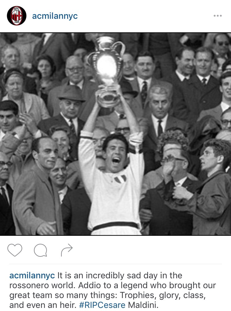 ACMilanNYC's tweet photo. Our hearts are broken. The Milan world is in mourning for Cesare Maldini. #RIPCesare https://t.co/LnPU0e0VDu