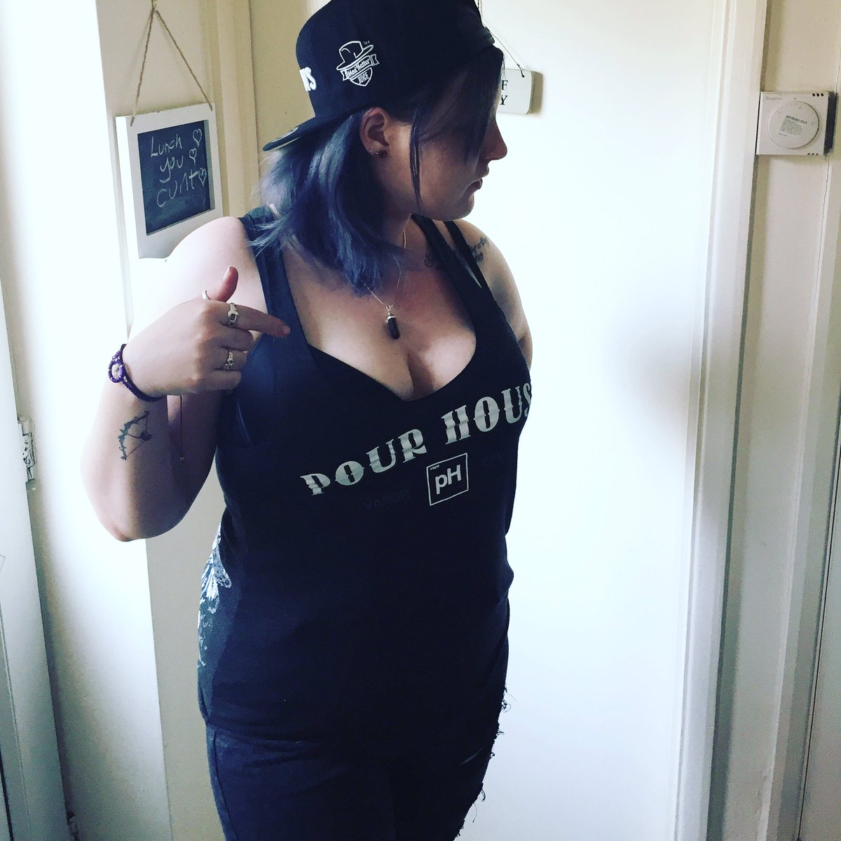 Alldayvapeuk's tweet photo. Jen in her @VapeMadHatter hat and her pour house shirt today check them out #vape #madhatter #pourhouse https://t.co/oL1boZzmaz