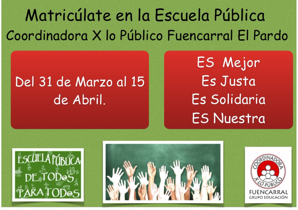 FcarralXpublico's tweet photo. Matricúlate en la Escuela Pública #Madrid #EducacionPublica https://t.co/H7aFrxVcUr