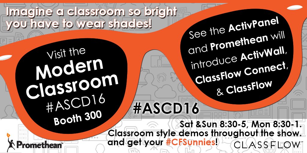 Promethean's tweet photo. At #ASCD16 in Atlanta? Visit the Modern Classroom booth #300. See #ActivWall @ClassFlow @Promethean & get #CFsunnies https://t.co/nQQa6B1vHq