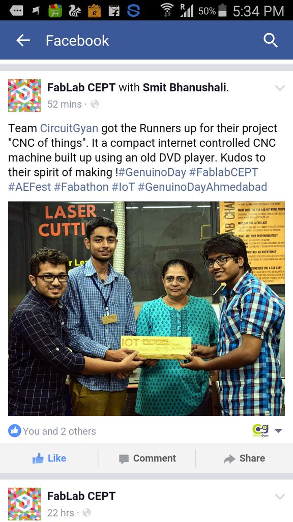 smitrbhanushali's tweet photo. Win the IOT match now award time.
Thanks #FabLabCEPT and @MakerFestMJFF
#SBpost #Arduino #day #innovation #IoT https://t.co/pMPtPM2Tph