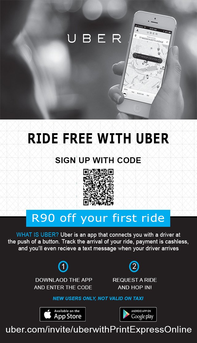 PrintExpress_'s tweet image. Use our Uber promo code at uber.com/invite/uberwit…  and get R90 off your first Uber ride.