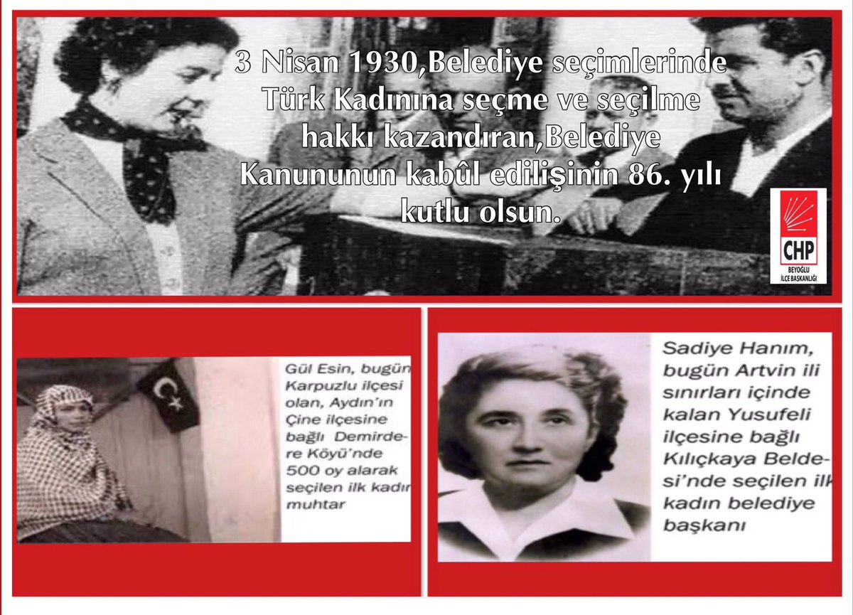 BeyogluIlce's tweet photo. 3 Nisan 1930,Belediye Kanunu ile Türk Kadını Belediye seçimlerinde seçme ve seçilme hakkı kazandı. #SiyasetteKadın https://t.co/QQIJFPT8UE