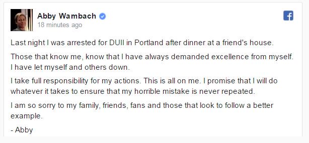 UPDATE: #AbbyWambach shares message to fans on her Facebook page about her DUI charge.  ow.ly/10evwR #ROC
