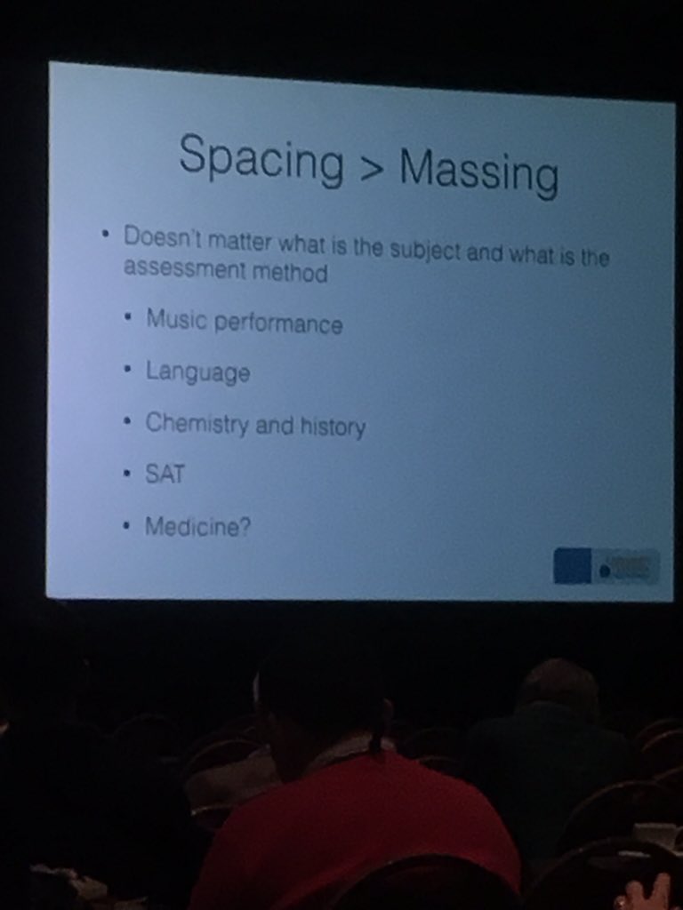 kirklal's tweet image. Spaced learning much better than massing for long term retention. PediAnesthesia #SPACOS2016
