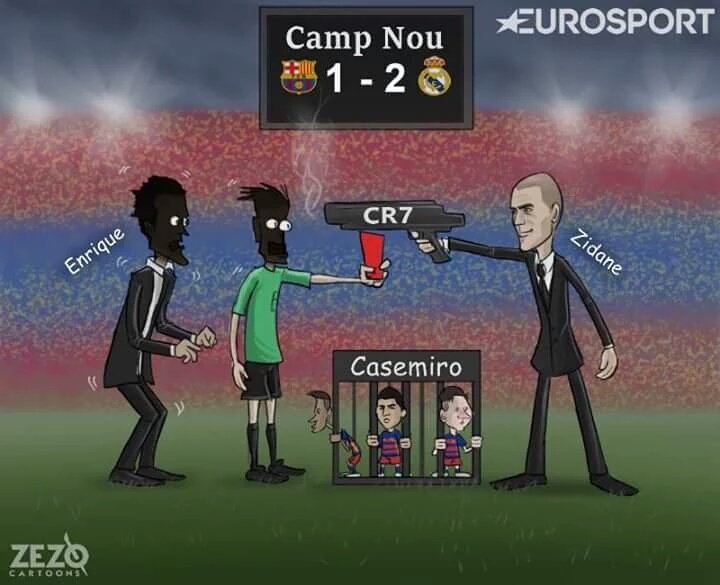 RMadridInfo's tweet image. Barcelona tried to free Messi from Casemiro but Ronaldo was there to stop the masked rescue attempt. [@Eurosport_UK]