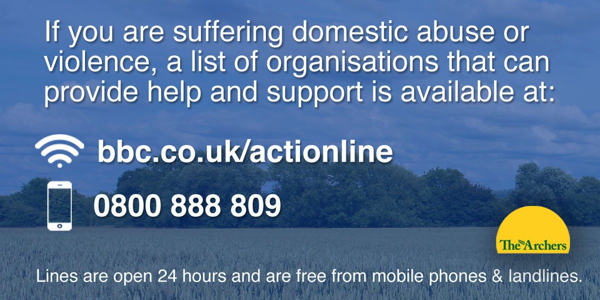 If you or anyone you know is suffering from domestic abuse, lines are open 24/7 and are free. #thearchers