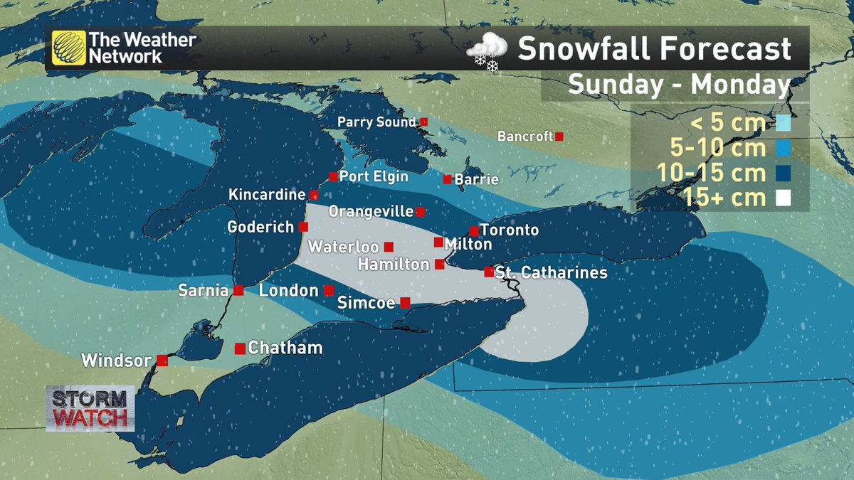 KMacTWN's tweet image. The latest SNOWFALL totals expected for Southern Ontario by Monday morning. Thx to @JaclynHillWx  #onstorm