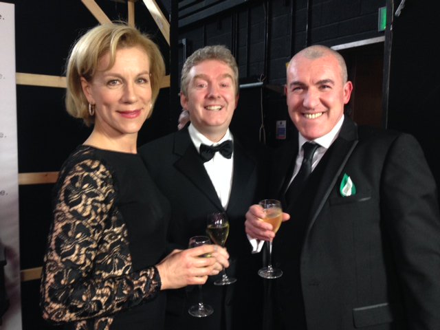 Fishamble's tweet photo. Jim, Pat, and Juliet Stevenson backstage after the win for #FishambleSilent at @OlivierAwards tonight. V proud. :) https://t.co/6WYbepT22Y