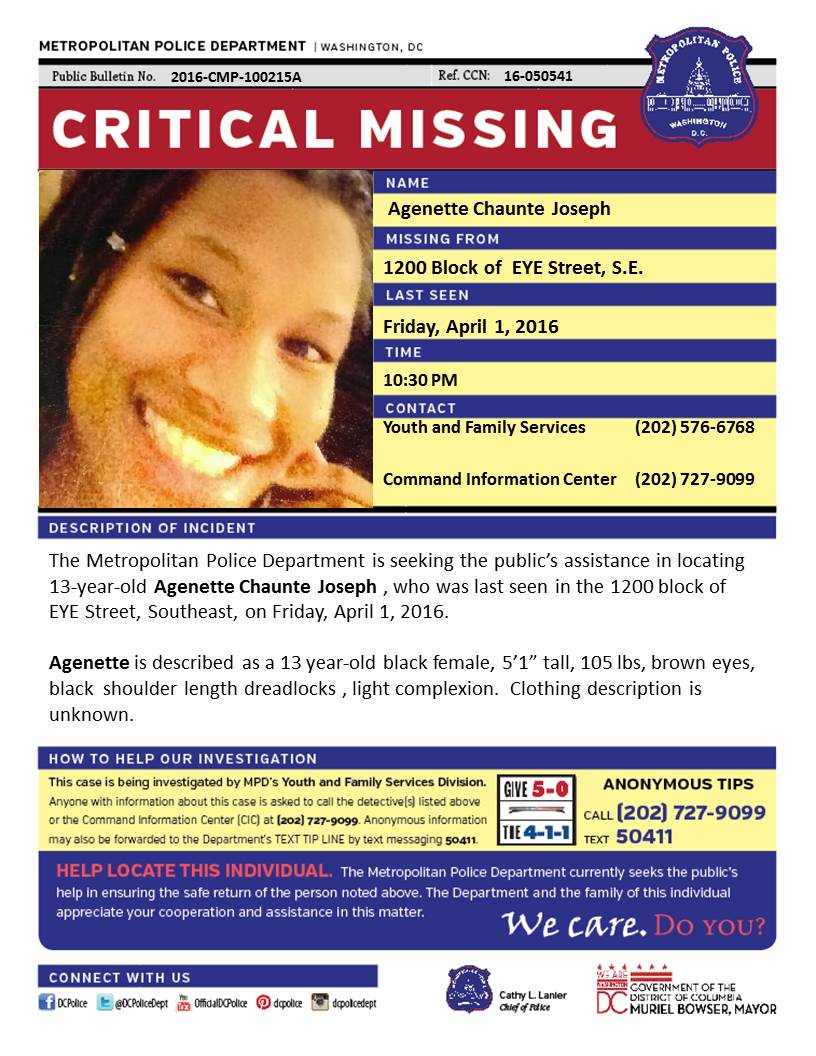 DCPoliceDept's tweet photo. Missing: Agenette Joseph, 13 y/o B/F, 5'1", 105 lbs, brwn eyes, blk shoulder length dreadlocks, light complexion. https://t.co/u35ct8i1bf