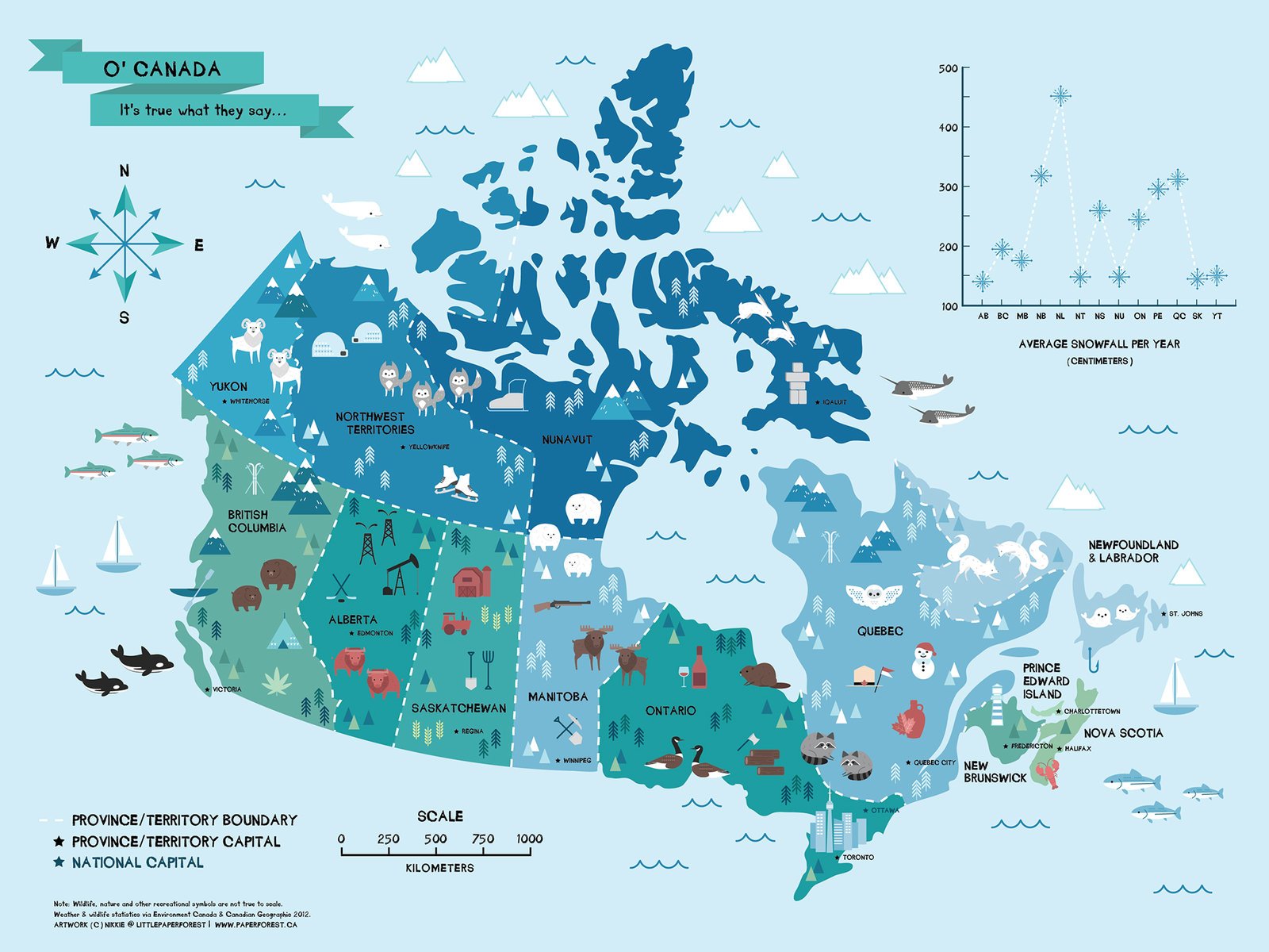 ナチュリブカナダ トロントのイラストレーター ニッキーさん Paperforest のカナダ地図がかわいい 各州の代表的な野生動物が描かれています バンクーバーのあるブリティッシュコロンビア州は グリズリーベアとキラーホエール シャチ ですね