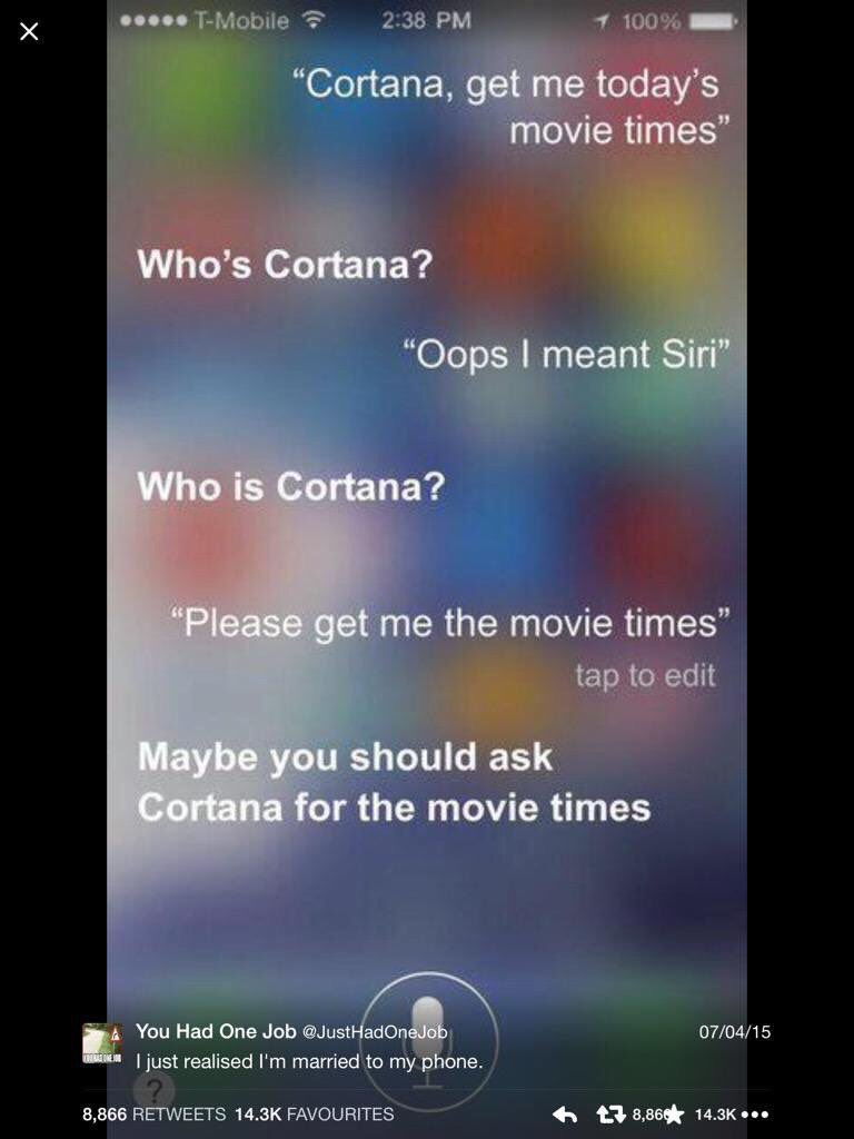Tariqinto's tweet photo. 😂😂😂 Siri is jealous of Cortana
#MicrosoftvsApple https://t.co/97mwbMkNj1