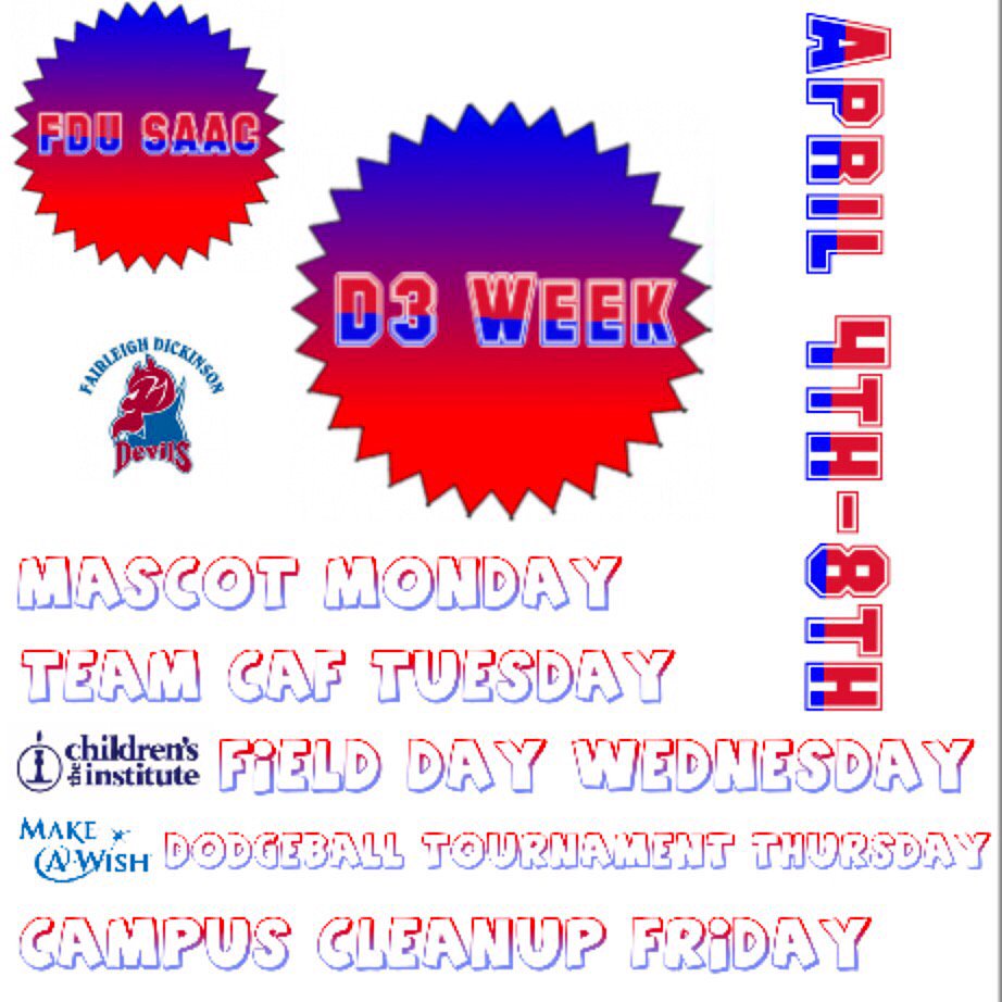 FDU_SAAC's tweet photo. REMINDER: #d3week kicks off tomorrow! Show your #devilspride this week with #fdusaac! @FDUDevils @FDUWhatsNew https://t.co/Jk8hdl9c8R