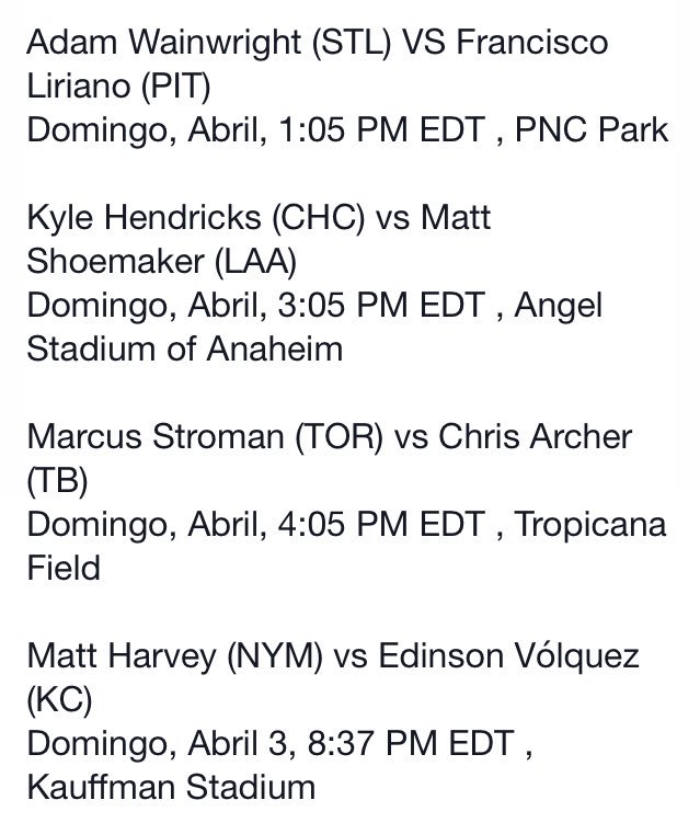 MBeisbolero's tweet photo. Los duelos de hoy en el Opening Day https://t.co/536RgvAM7s