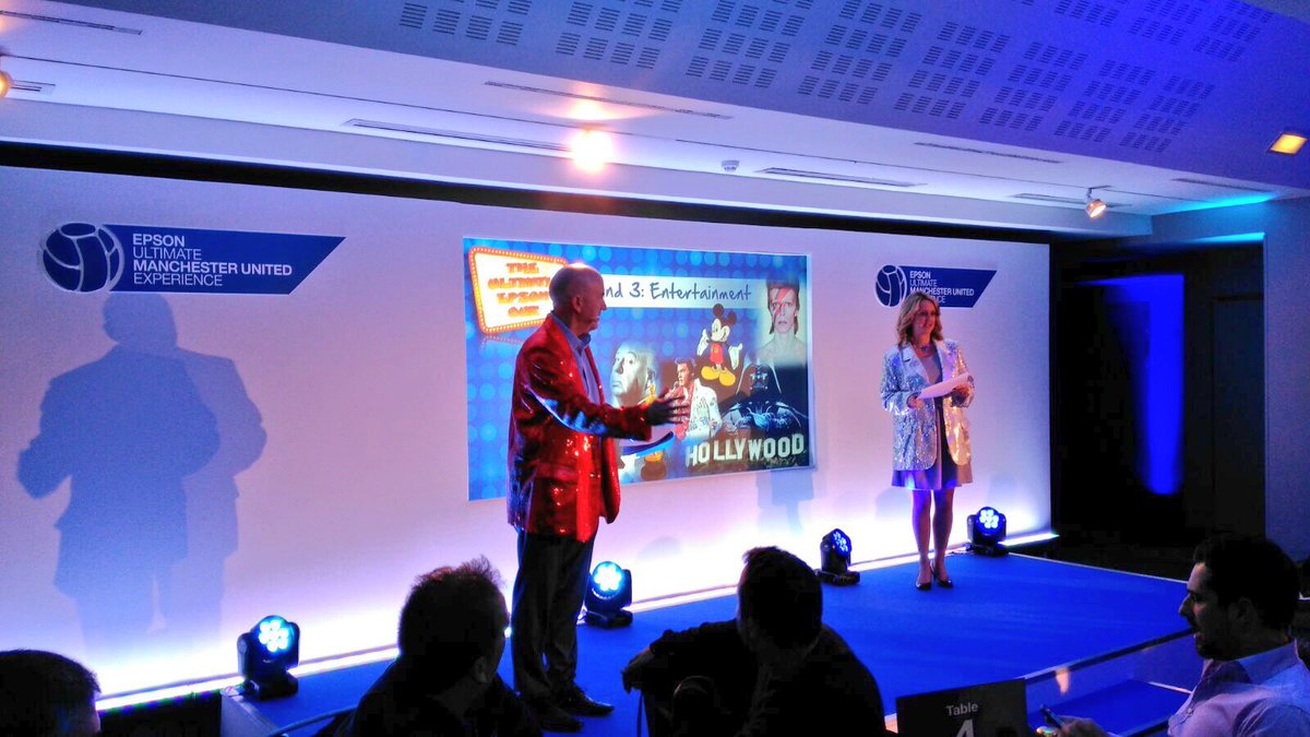 Epsonworldcup's tweet photo. Our fantastic quiz masters. Great glitzy jackets Alan Keegan and @MandyHenryMedia @marybmcnulty #EpsonMUExperience https://t.co/ak4KFNQ0YA