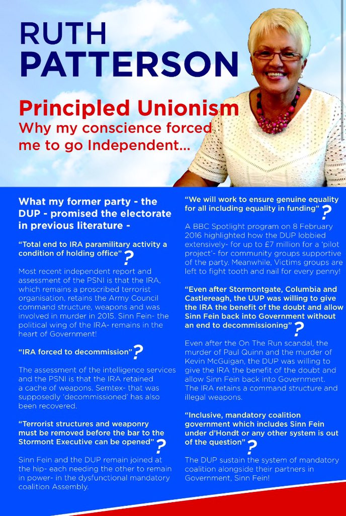 RuthMLA2016's tweet photo. South Belfast needs experience and Unionism needs a principled voice. #Patterson1 #PrincipledUnionism https://t.co/wfcNaDDOmX