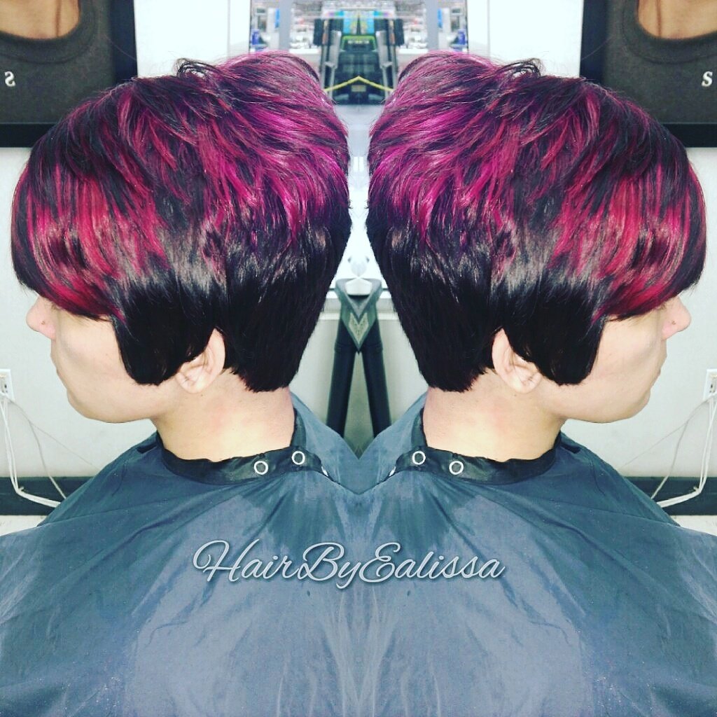 EalissaM's tweet photo. Violet red base color with wild ochird highlights #hairbyealissa https://t.co/hC5nq89LPB